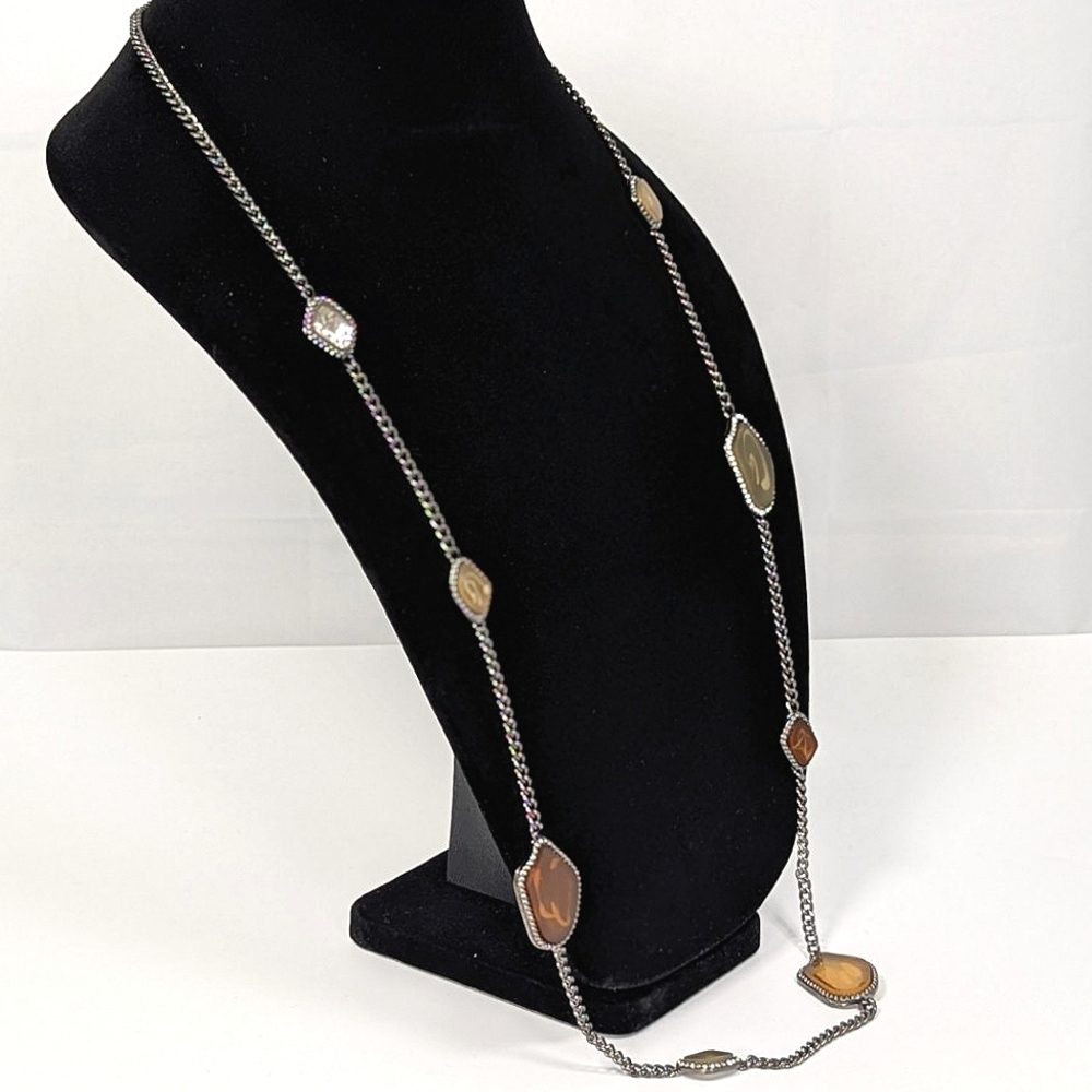 Boho Long Chain Necklace Earth Tone Stones & Crystal Station Jewelry New